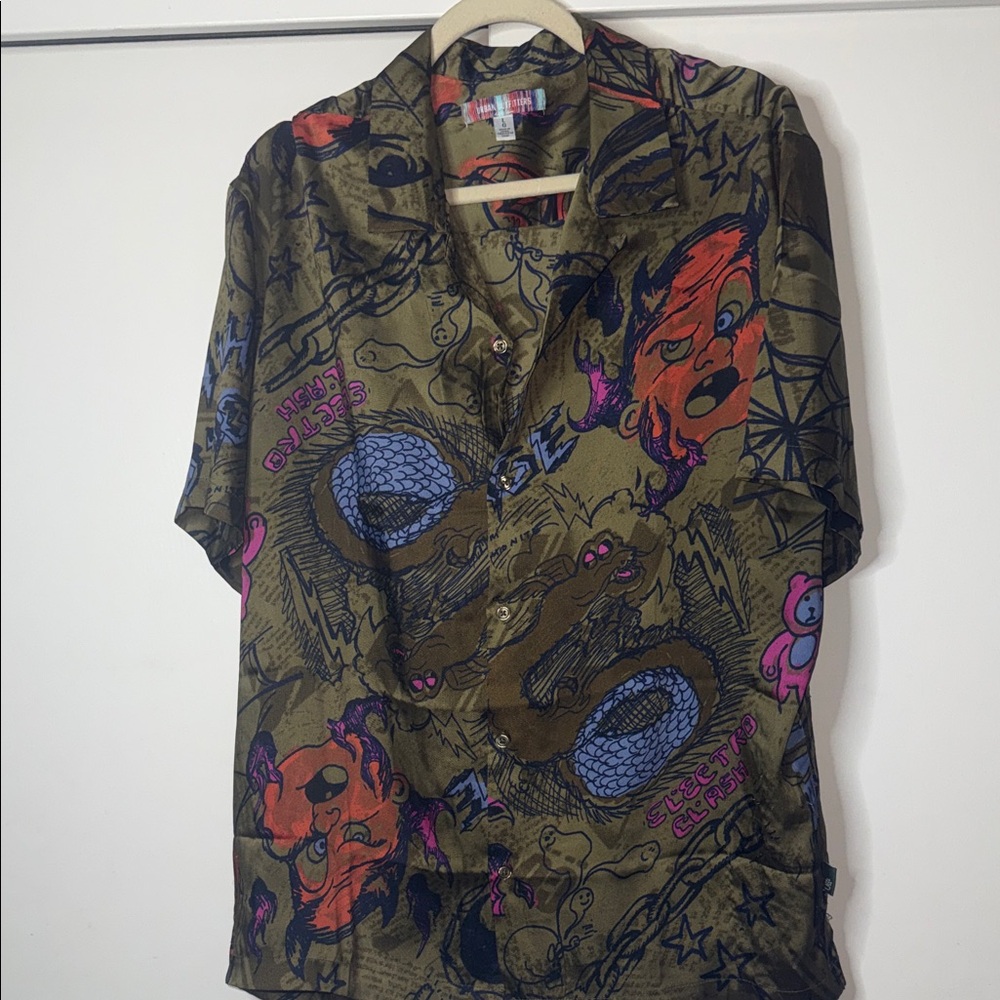 Urban Outfitters Graphic Print Silk Shirt - Olive and Pink